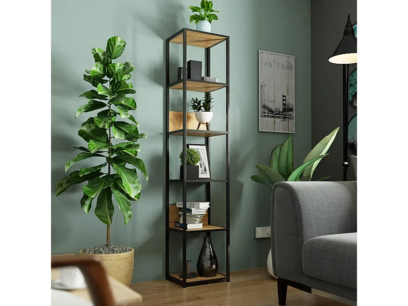 Étagère murale industrielle sur pied AKORD Noire 40 cm façade Chêne Craft 6 étagères 40x32x192 cm