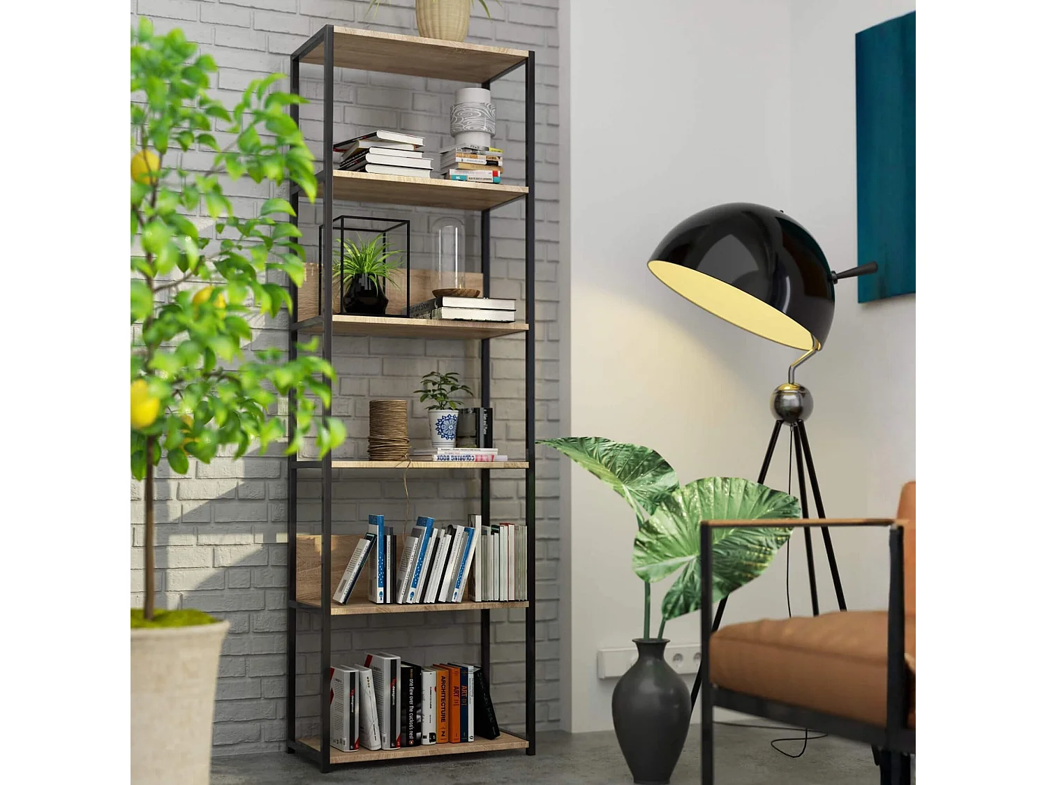 Étagère murale industrielle sur pied AKORD Noire 60 cm façade Chêne Sonoma 6 étagères 60x32x192 cm