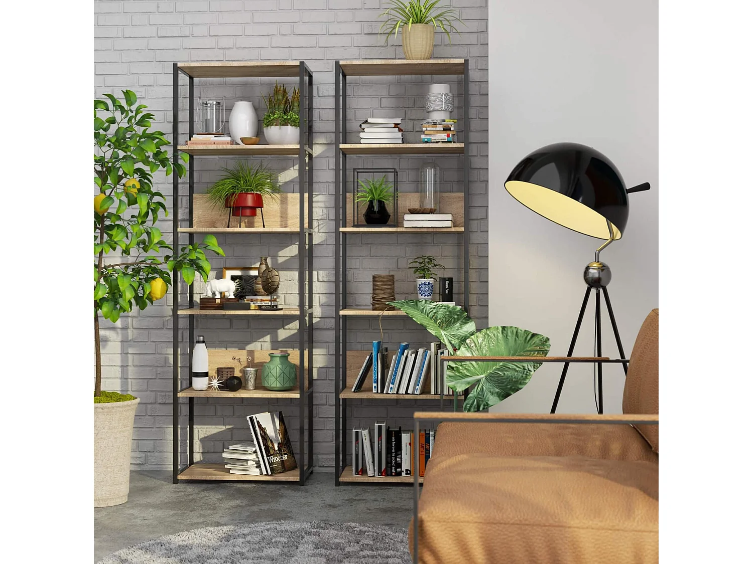 Étagère murale industrielle sur pied AKORD Noire 60 cm façade Chêne Sonoma 6 étagères 60x32x192 cm