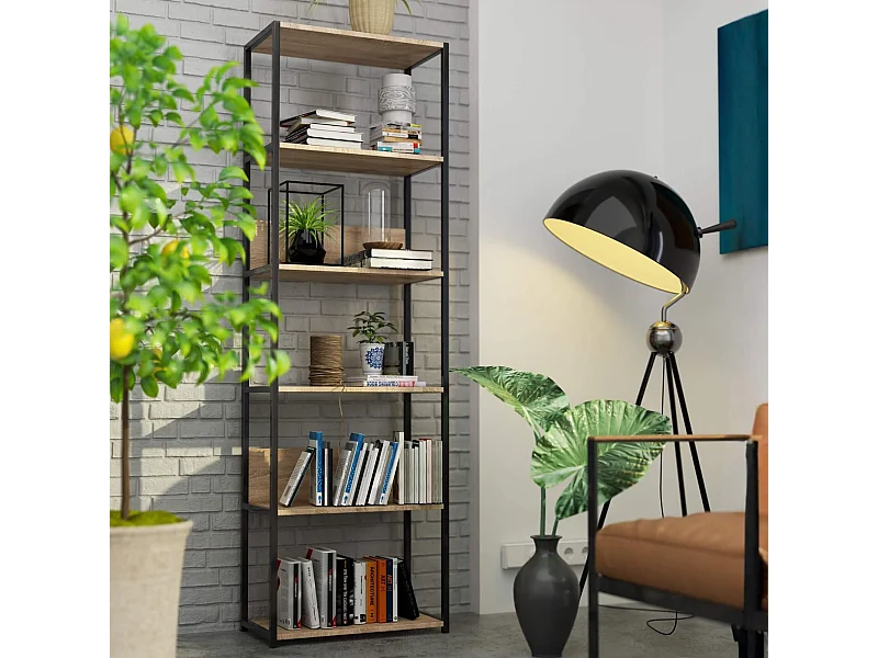 Étagère murale industrielle sur pied AKORD Noire 60 cm façade Chêne Sonoma 6 étagères 60x32x192 cm