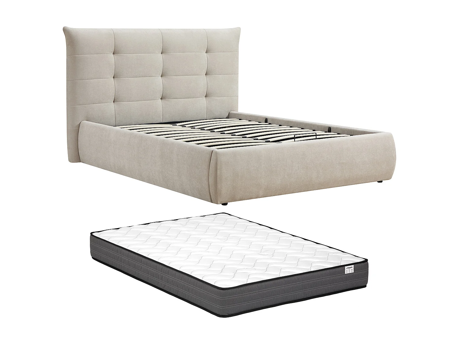 Lit coffre 140 x 190 cm avec tête de lit capitonnée – Tissu – Beige + Matelas - DORMELINA