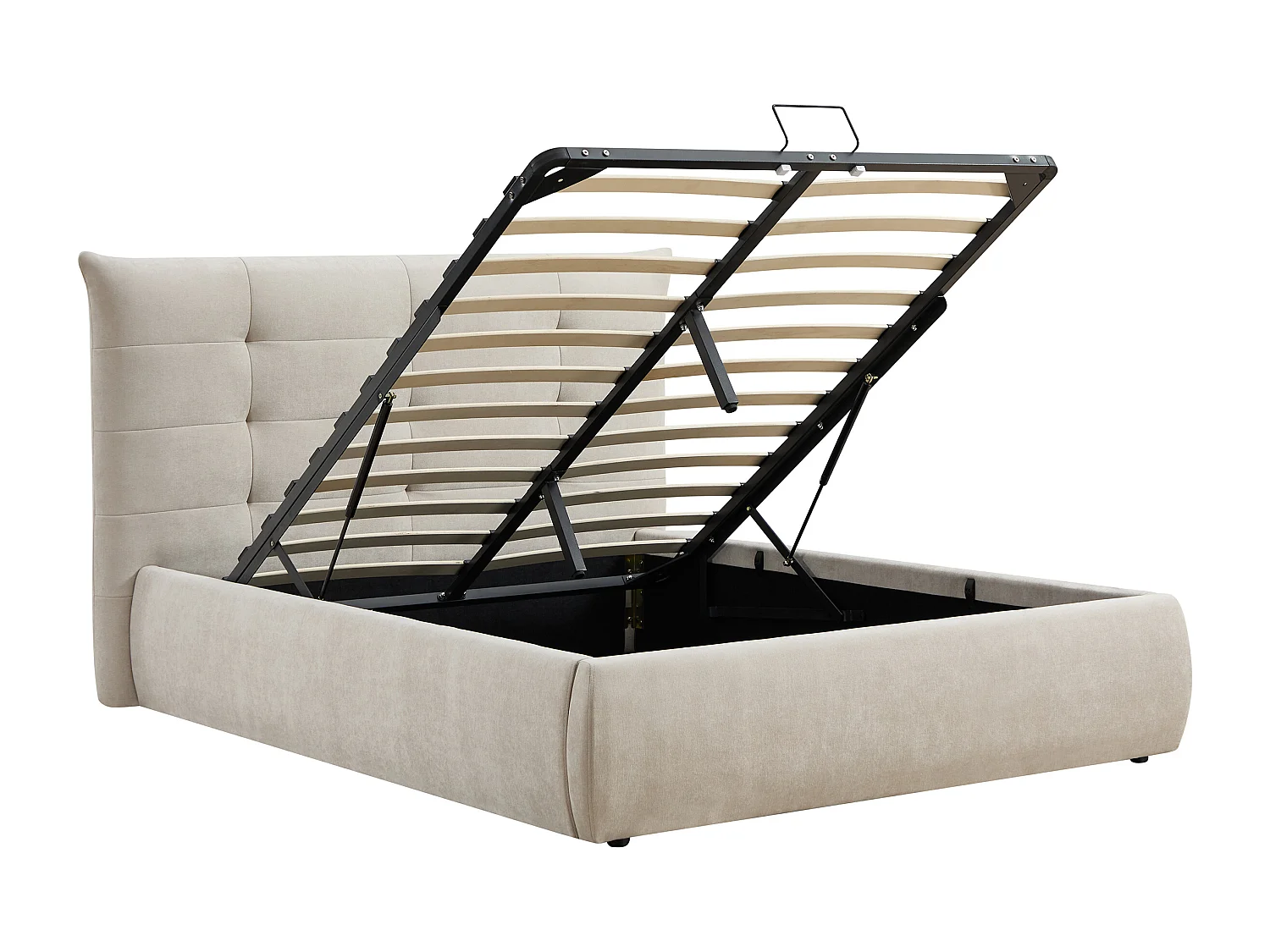 Lit coffre 140 x 190 cm avec tête de lit capitonnée – Tissu – Beige + Matelas - DORMELINA