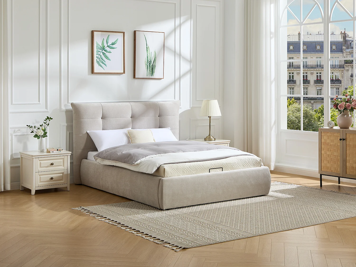 Lit coffre 140 x 190 cm avec tête de lit capitonnée – Tissu – Beige + Matelas - DORMELINA