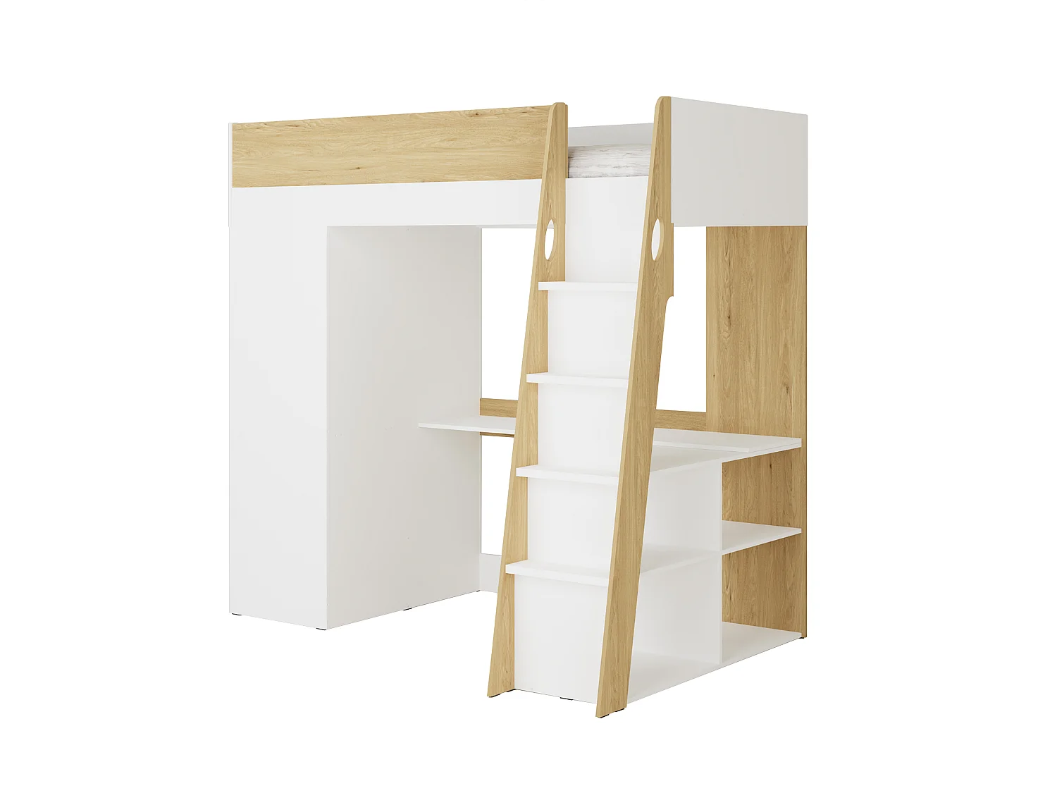 Lit mezzanine 90 x 190 cm avec armoire et bureau – Coloris : Naturel et blanc + Matelas - ARMONESA