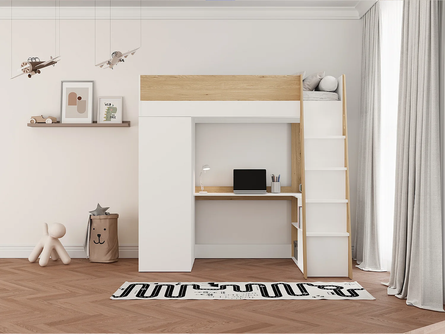 Lit mezzanine 90 x 190 cm avec armoire et bureau – Coloris : Naturel et blanc + Matelas - ARMONESA