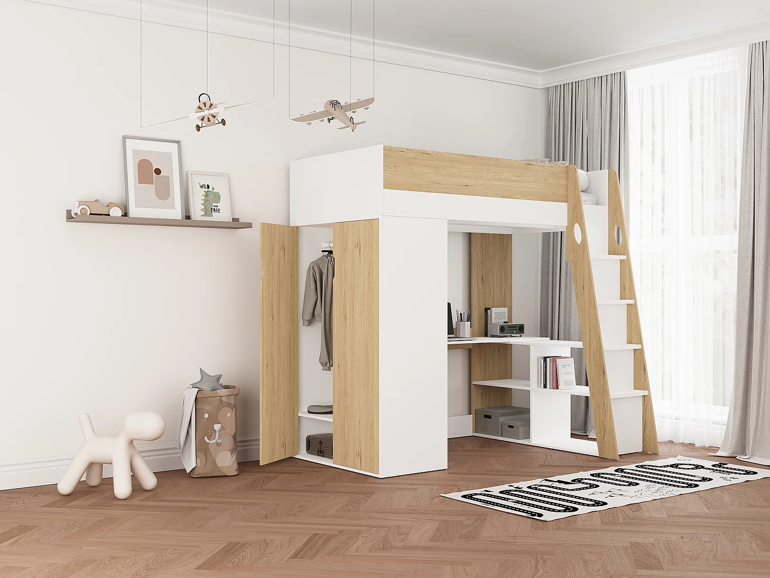 Lit mezzanine 90 x 190 cm avec armoire et bureau – Coloris : Naturel et blanc + Matelas - ARMONESA
