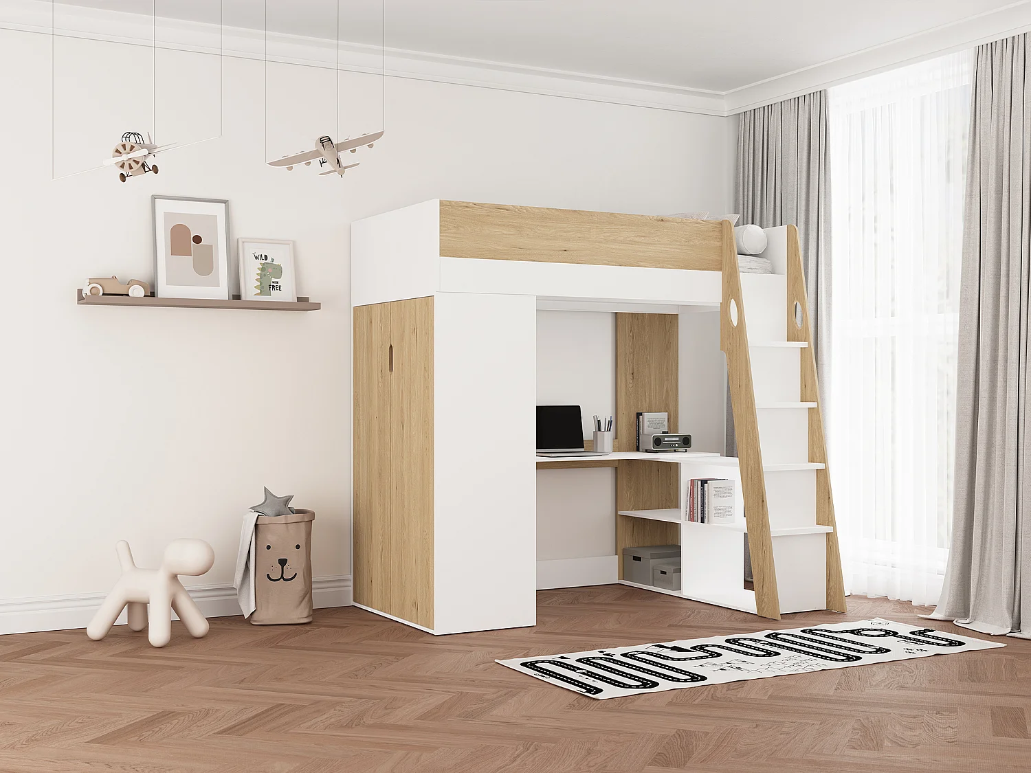 Lit mezzanine 90 x 190 cm avec armoire et bureau – Coloris : Naturel et blanc + Matelas - ARMONESA