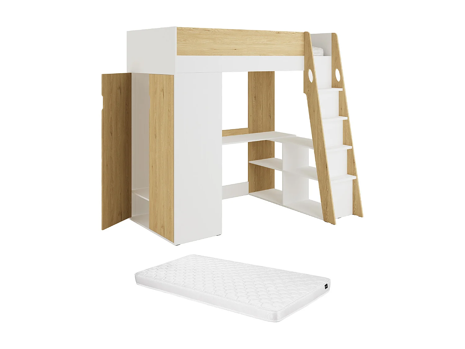 Lit mezzanine 90 x 190 cm avec armoire et bureau – Coloris : Naturel et blanc + Matelas - ARMONESA