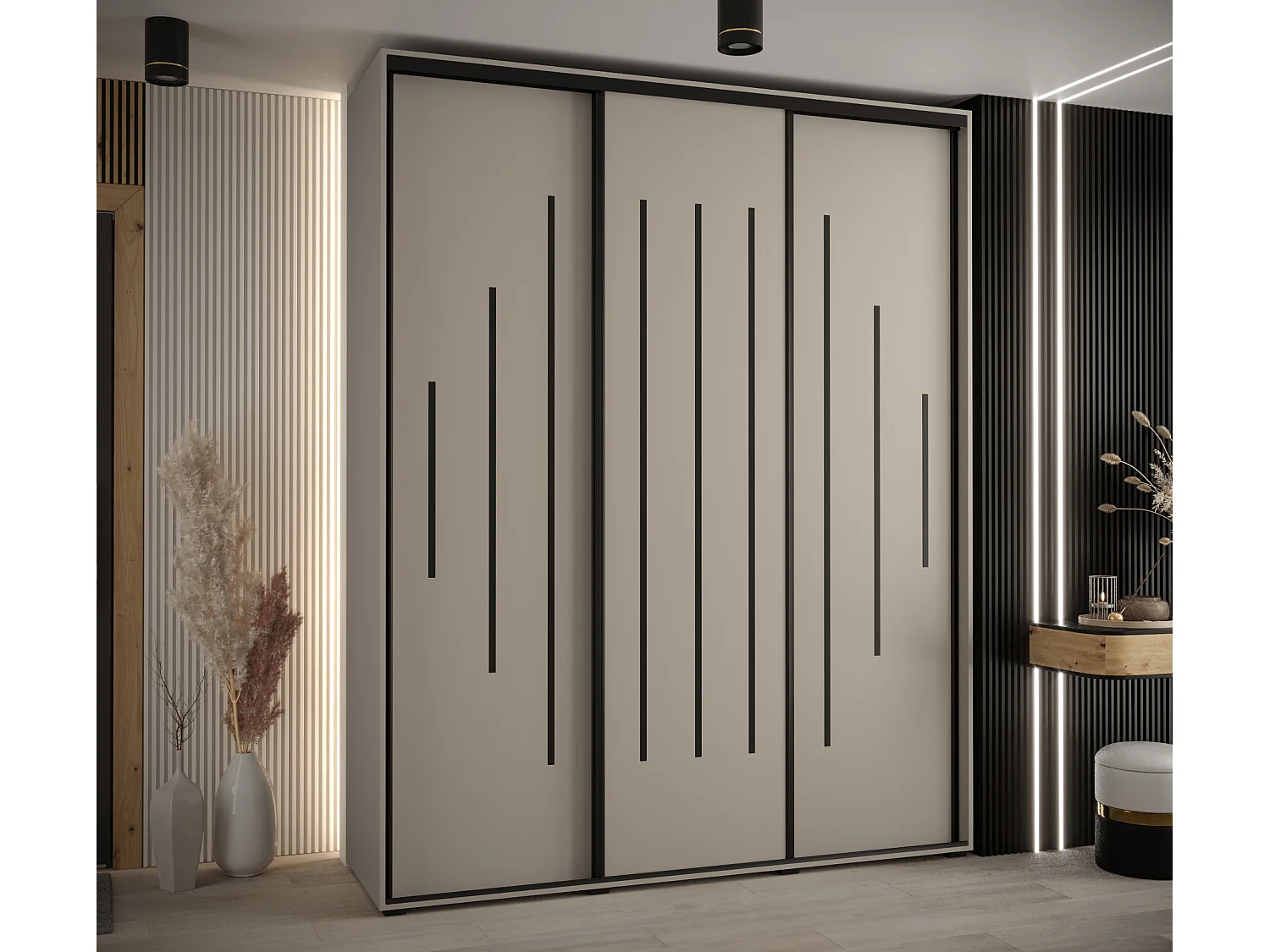 ARMOIRE DAKOTA 12 À PORTES COULISSANTES 235,2/190/60 3 portes (Cashmere/Noir)