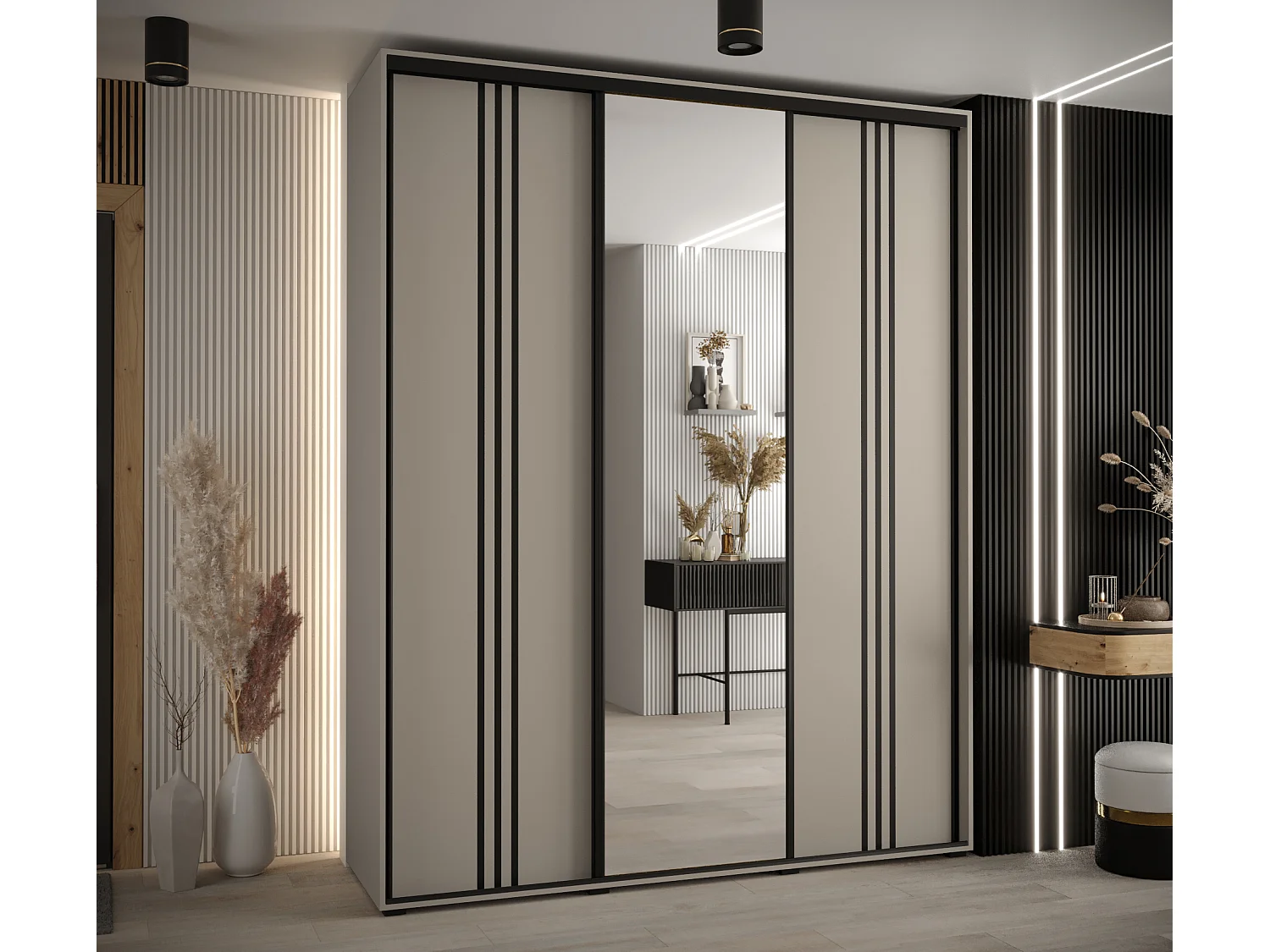 ARMOIRE DAKOTA 7 À PORTES COULISSANTES 235,2/190/60 3 portes (Cashmere/Noir)