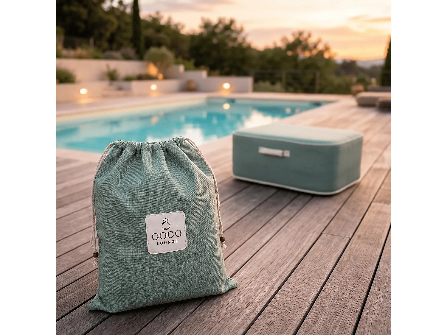 Coco Lounge Pouf de jardin gonflable NUMA ambiance Soge vert d'eau