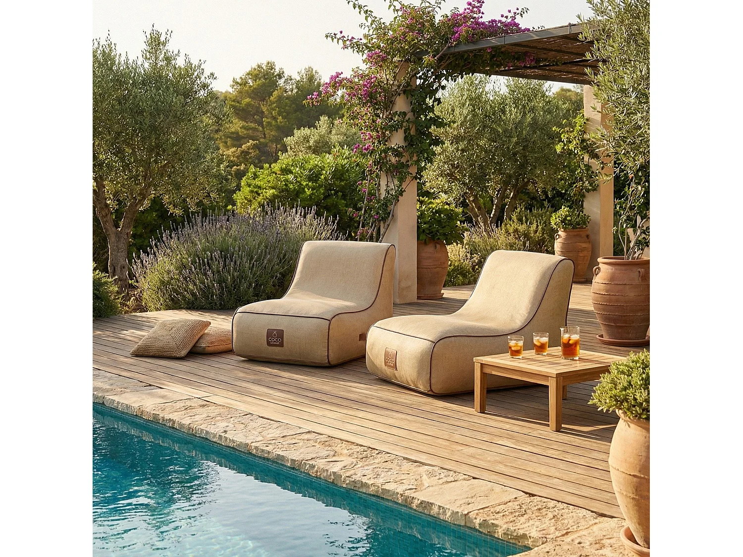 Coco Lounge Fauteuil de jardin gonflable RIVIERA  ambiance Boho couleur toile de jute