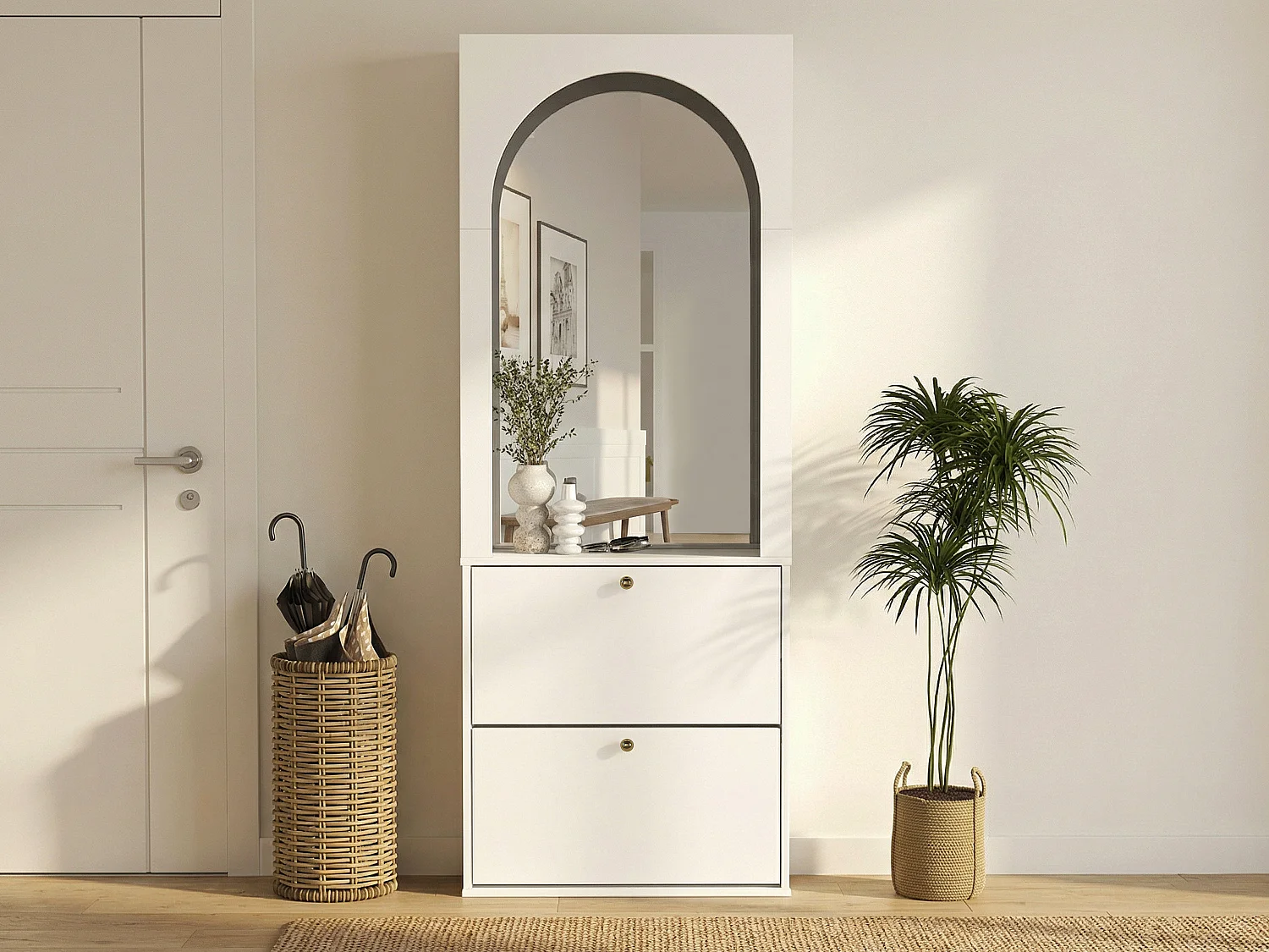 Meuble à chaussures avec 2 compartiments abattants et 1 miroir - Blanc et doré - CYMORA