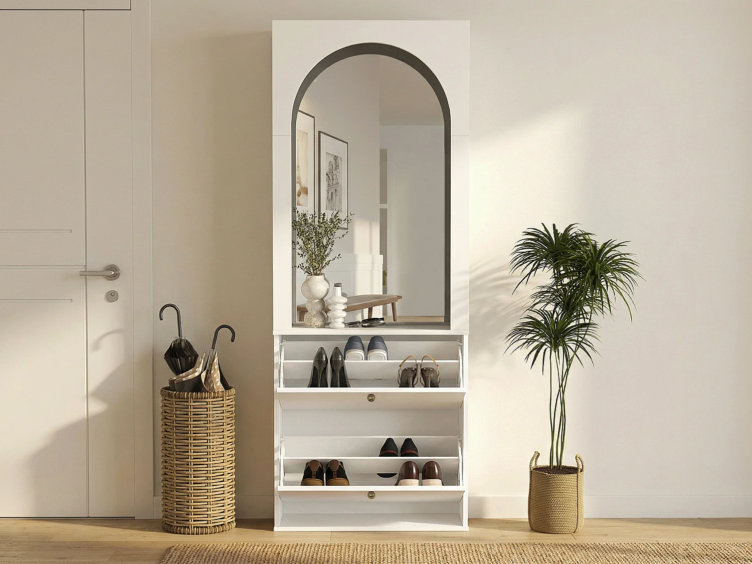 Meuble à chaussures avec 2 compartiments abattants et 1 miroir - Blanc et doré - CYMORA