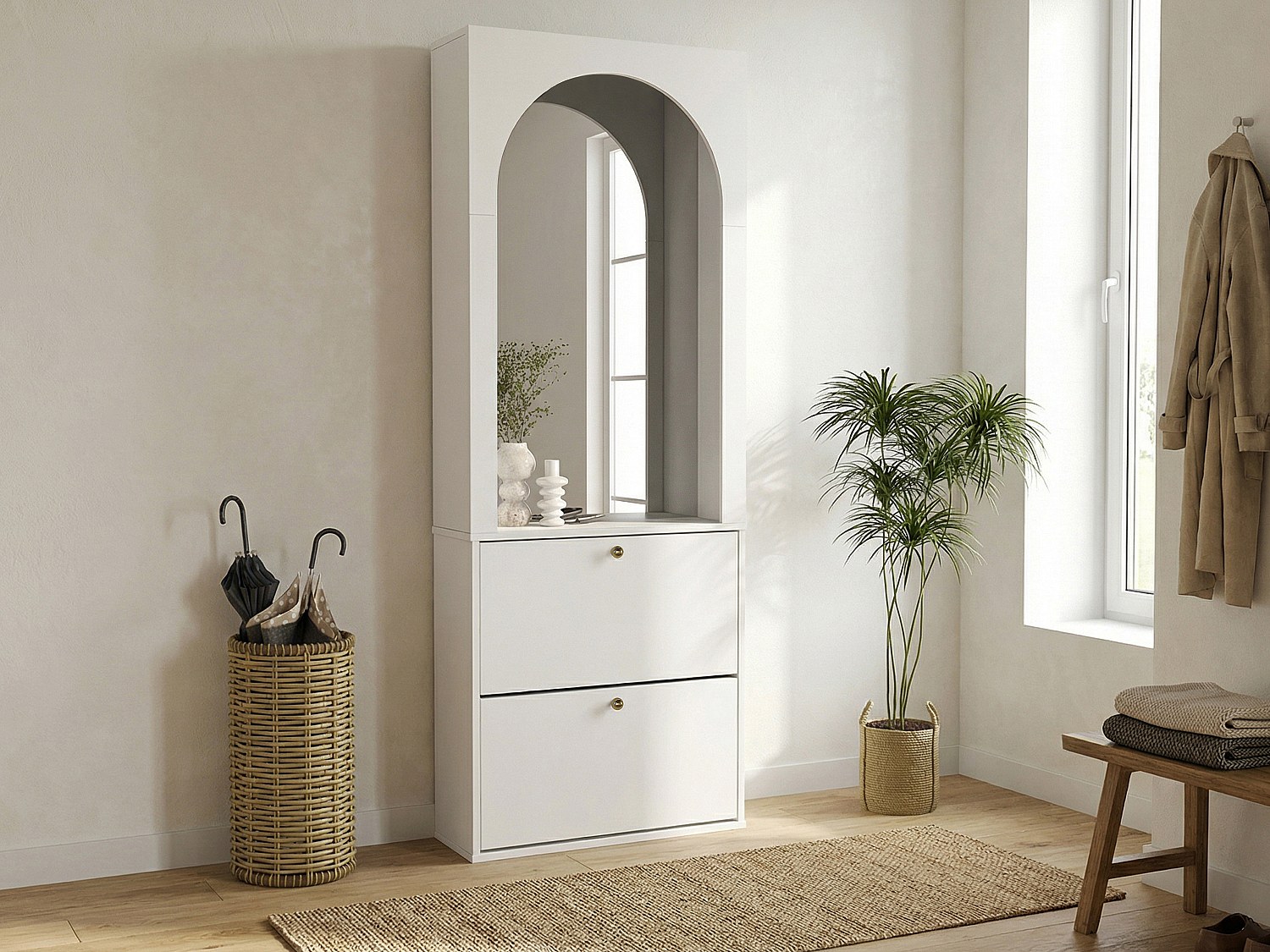 Schuhschrank mit 2 Klappfächern und 1 Spiegel – Weiß und Gold – CYMORA