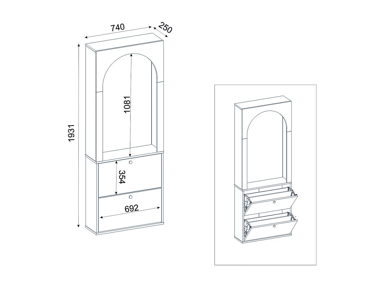 Meuble à chaussures avec 2 compartiments abattants et 1 miroir - Blanc et doré - CYMORA