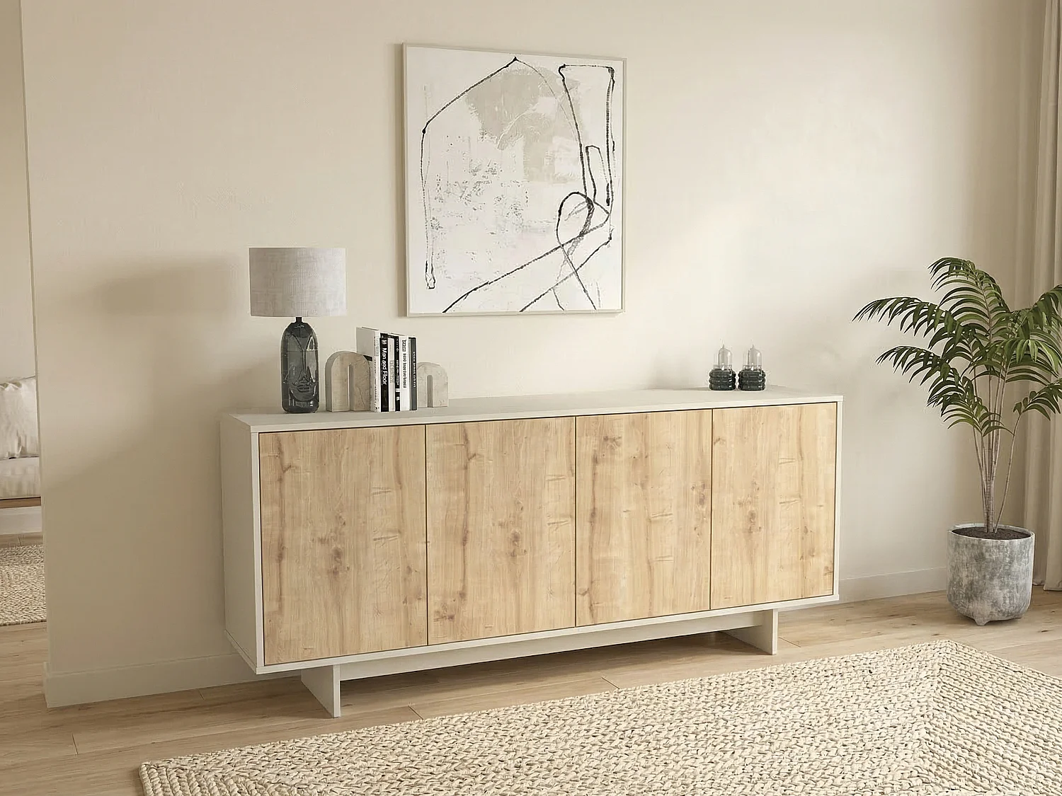 Buffet avec 4 portes - Naturel clair et Beige - ZEFYNA