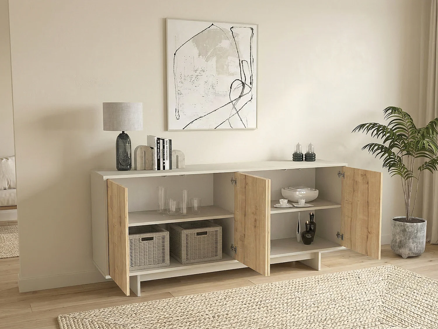Buffet avec 4 portes - Naturel clair et Beige - ZEFYNA