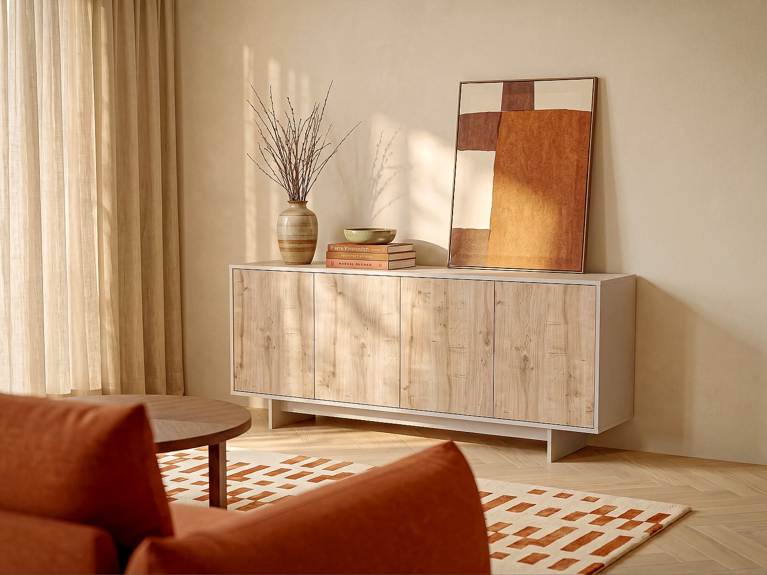 Sideboard mit 4 Türen – Helles Naturholz und Beige – ZEFYNA