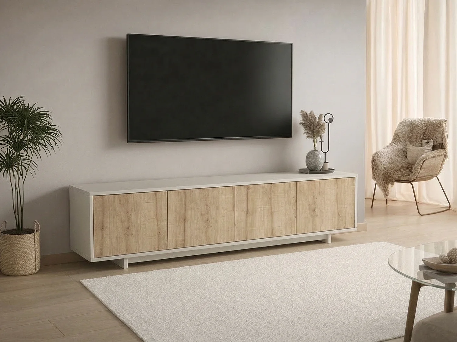 Meuble TV avec 4 portes - Naturel clair et Beige - ZEFYNA