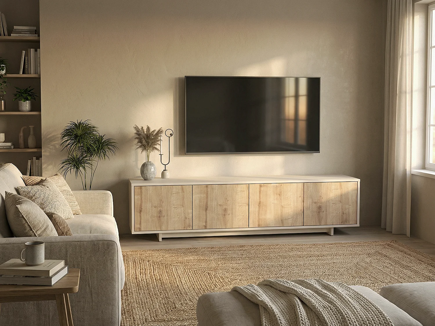 Meuble TV avec 4 portes - Naturel clair et Beige - ZEFYNA