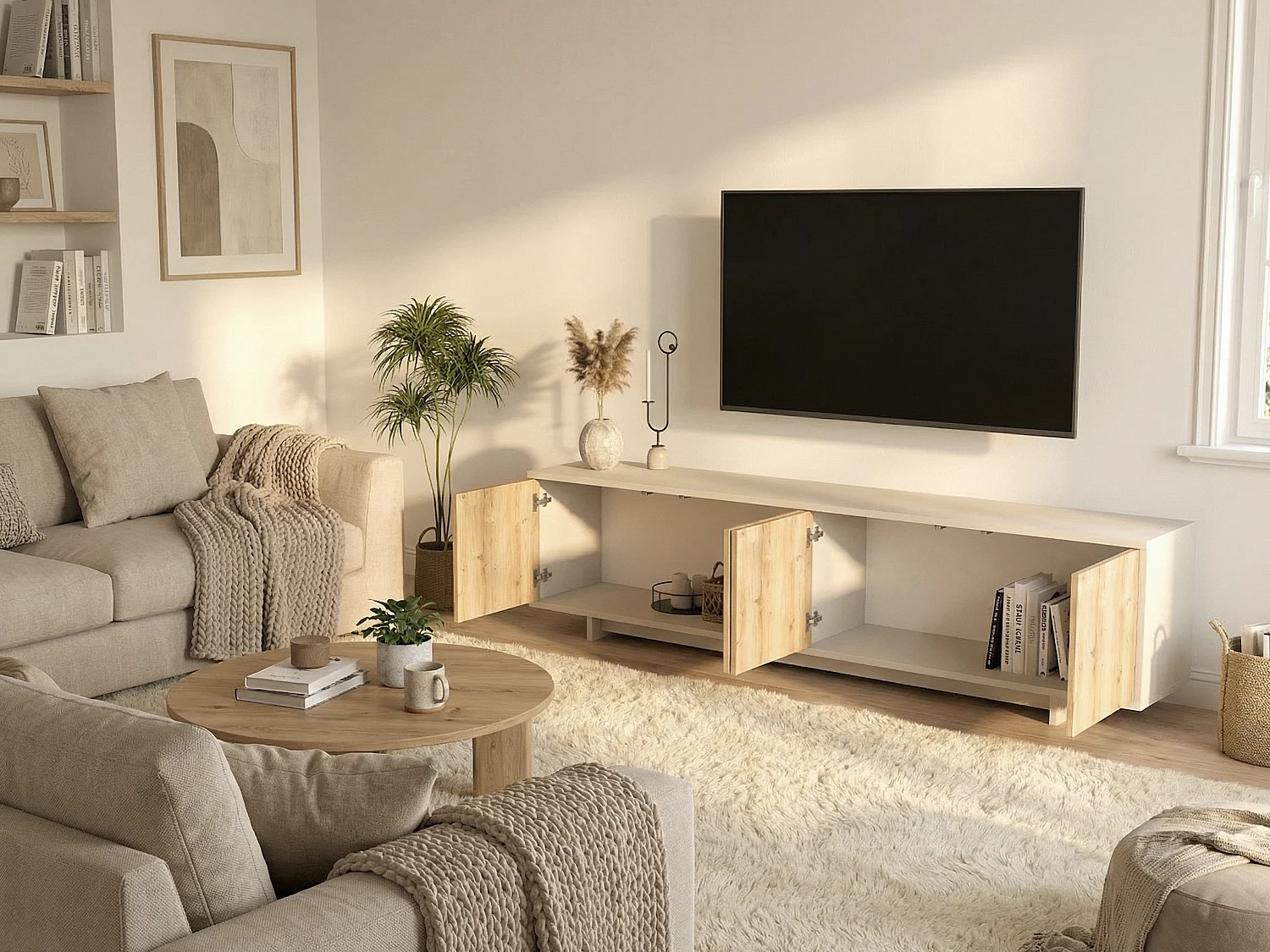 Meuble TV avec 4 portes - Naturel clair et Beige - ZEFYNA