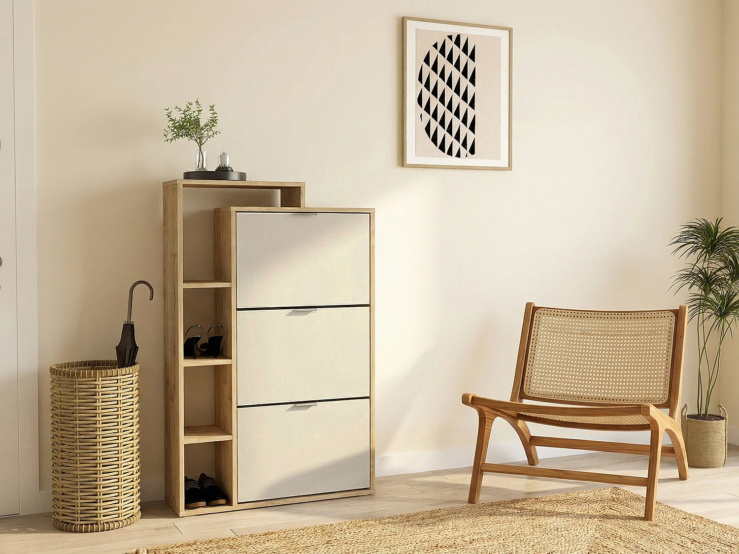 Meuble à chaussures avec 3 compartiments abattants et 4 niches - Beige et Naturel clair - RIVAYA