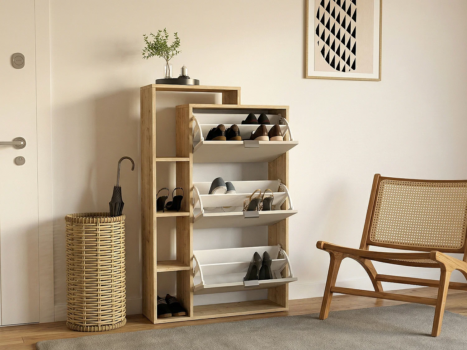 Meuble à chaussures avec 3 compartiments abattants et 4 niches - Beige et Naturel clair - RIVAYA