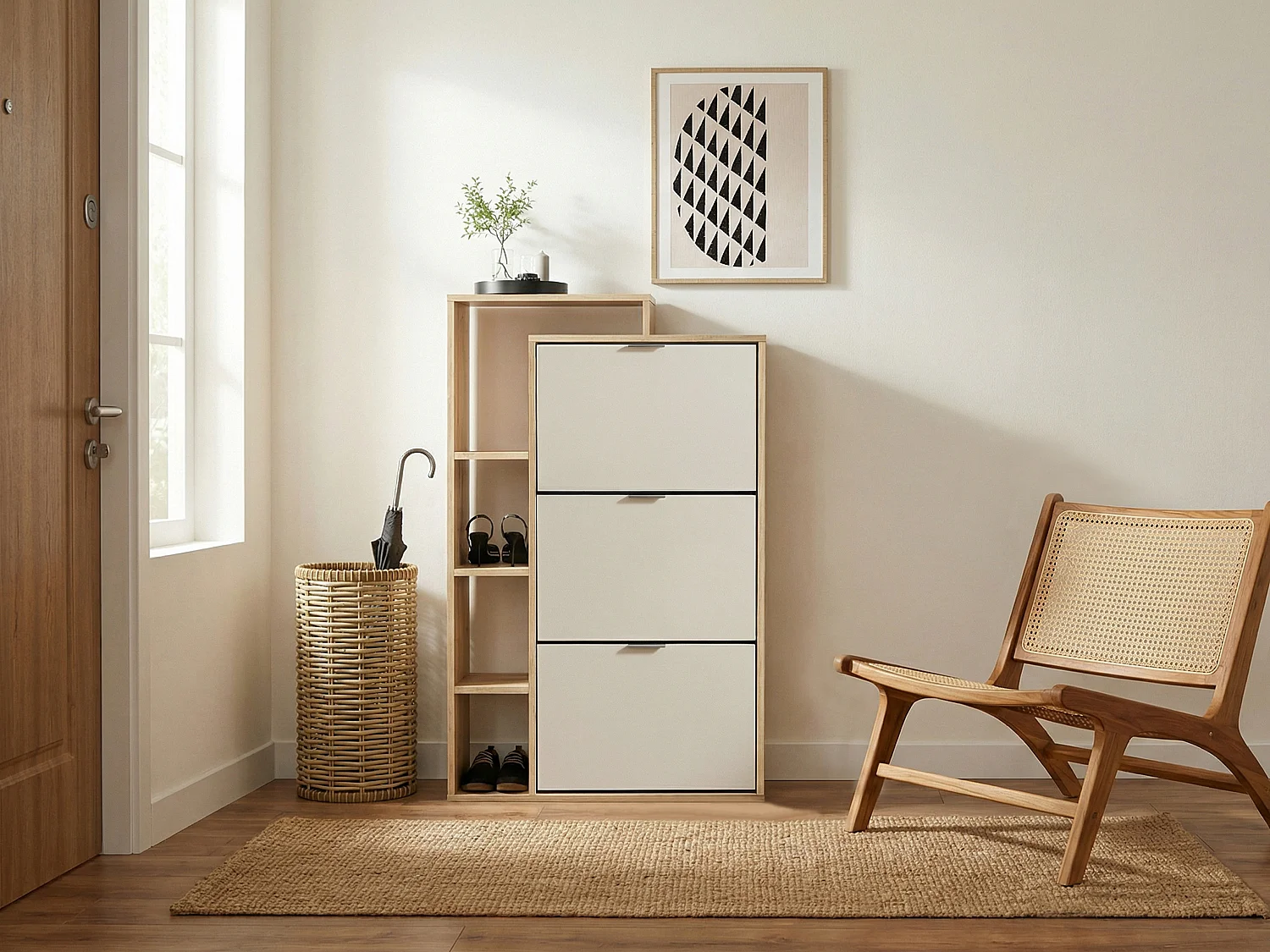 Meuble à chaussures avec 3 compartiments abattants et 4 niches - Beige et Naturel clair - RIVAYA
