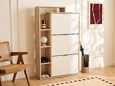 Meuble à chaussures avec 3 compartiments abattants et 4 niches - Beige et Naturel clair - RIVAYA
