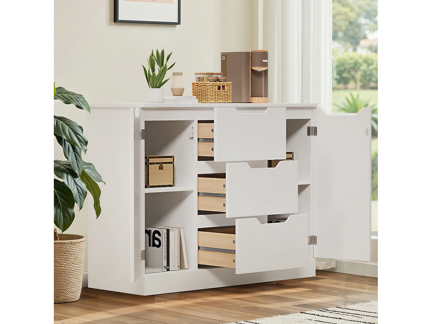 Bealife Armoire de Rangement 2 portes 3 tiroirs – Blanc 100×35×76 cm – Poignées invisibles, Fond de meuble surélevé，Anti-basculement – Salon, Chambre, Calle de bain