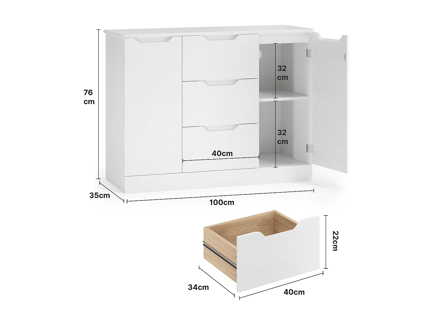 Bealife Armoire de Rangement 2 portes 3 tiroirs – Blanc 100×35×76 cm – Poignées invisibles, Fond de meuble surélevé，Anti-basculement – Salon, Chambre, Calle de bain