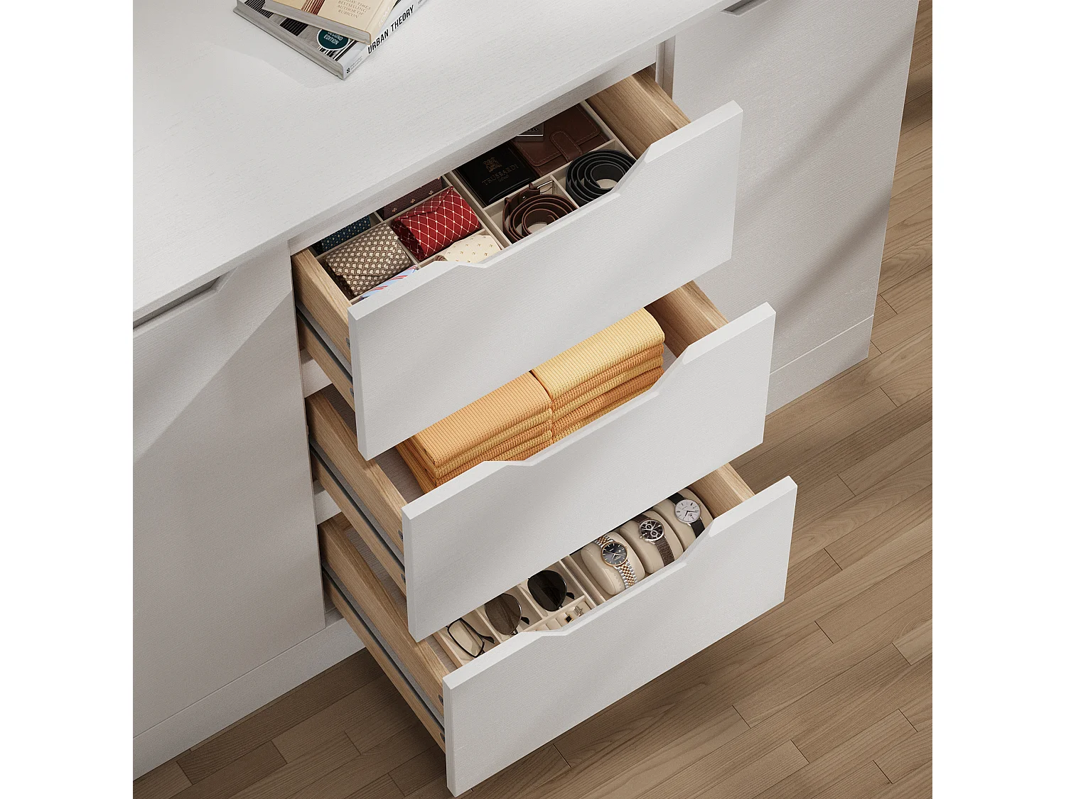 Bealife Armoire de Rangement 2 portes 3 tiroirs – Blanc 100×35×76 cm – Poignées invisibles, Fond de meuble surélevé，Anti-basculement – Salon, Chambre, Calle de bain