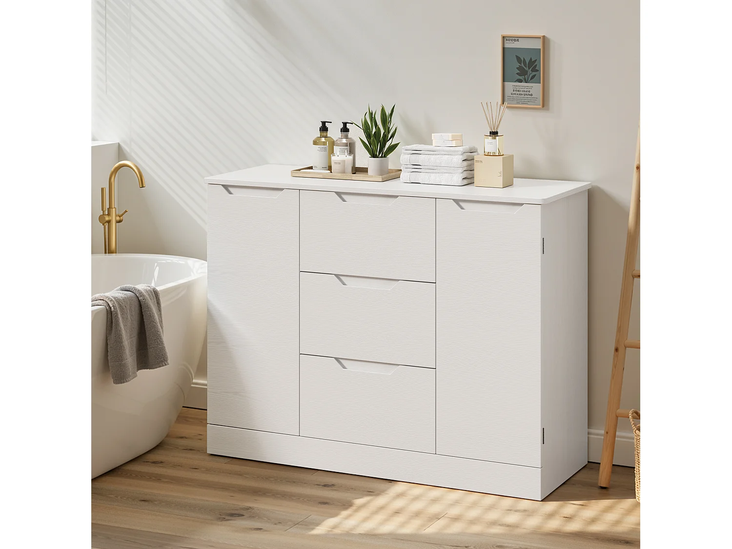 Bealife Armoire de Rangement 2 portes 3 tiroirs – Blanc 100×35×76 cm – Poignées invisibles, Fond de meuble surélevé，Anti-basculement – Salon, Chambre, Calle de bain
