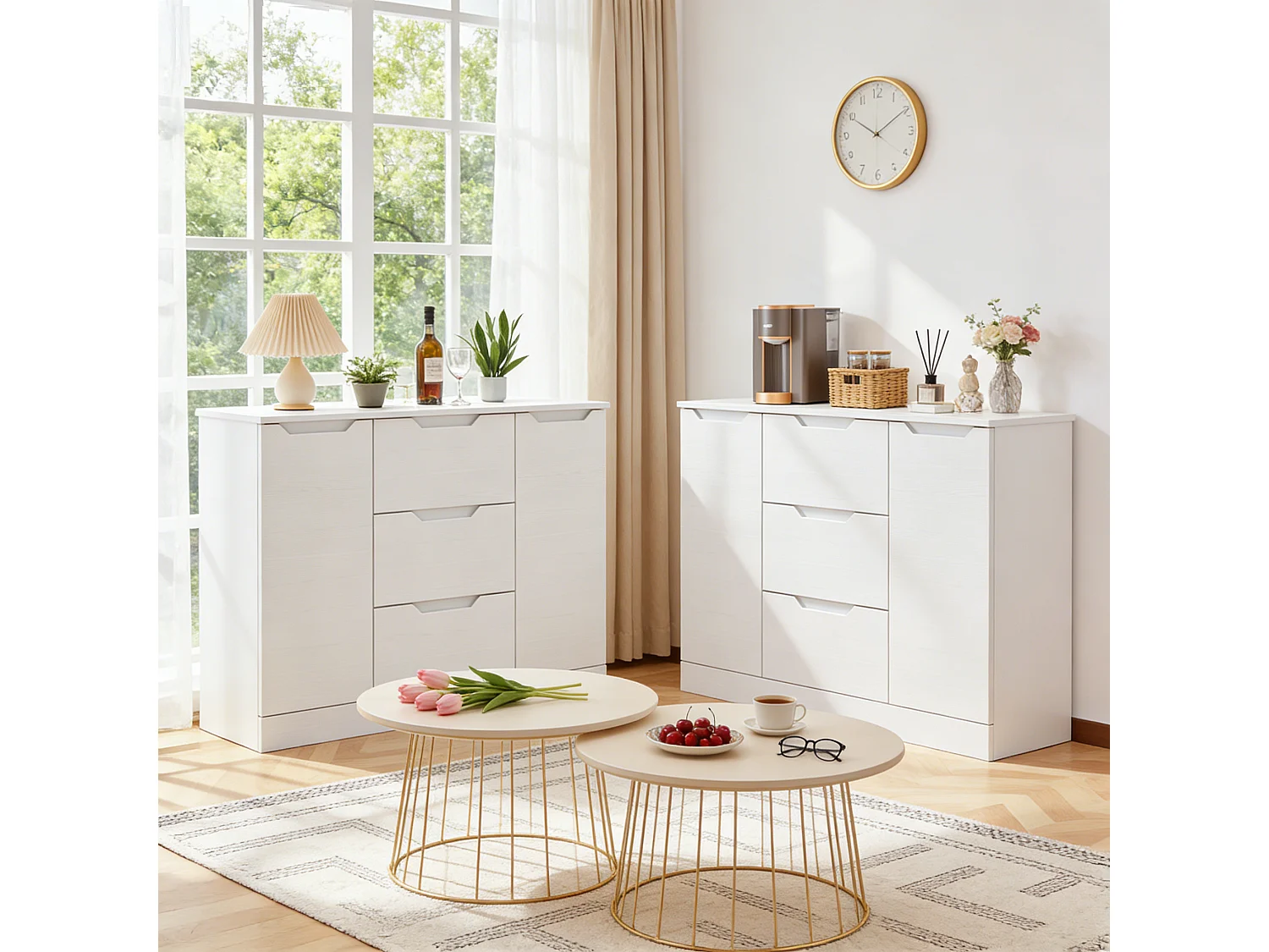 Bealife Armoire de Rangement 2 portes 3 tiroirs – Blanc 100×35×76 cm – Poignées invisibles, Fond de meuble surélevé，Anti-basculement – Salon, Chambre, Calle de bain