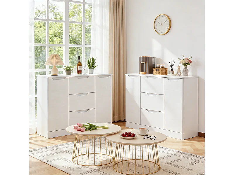 Bealife Armoire de Rangement 2 portes 3 tiroirs – Blanc 100×35×76 cm – Poignées invisibles, Fond de meuble surélevé，Anti-basculement – Salon, Chambre, Calle de bain