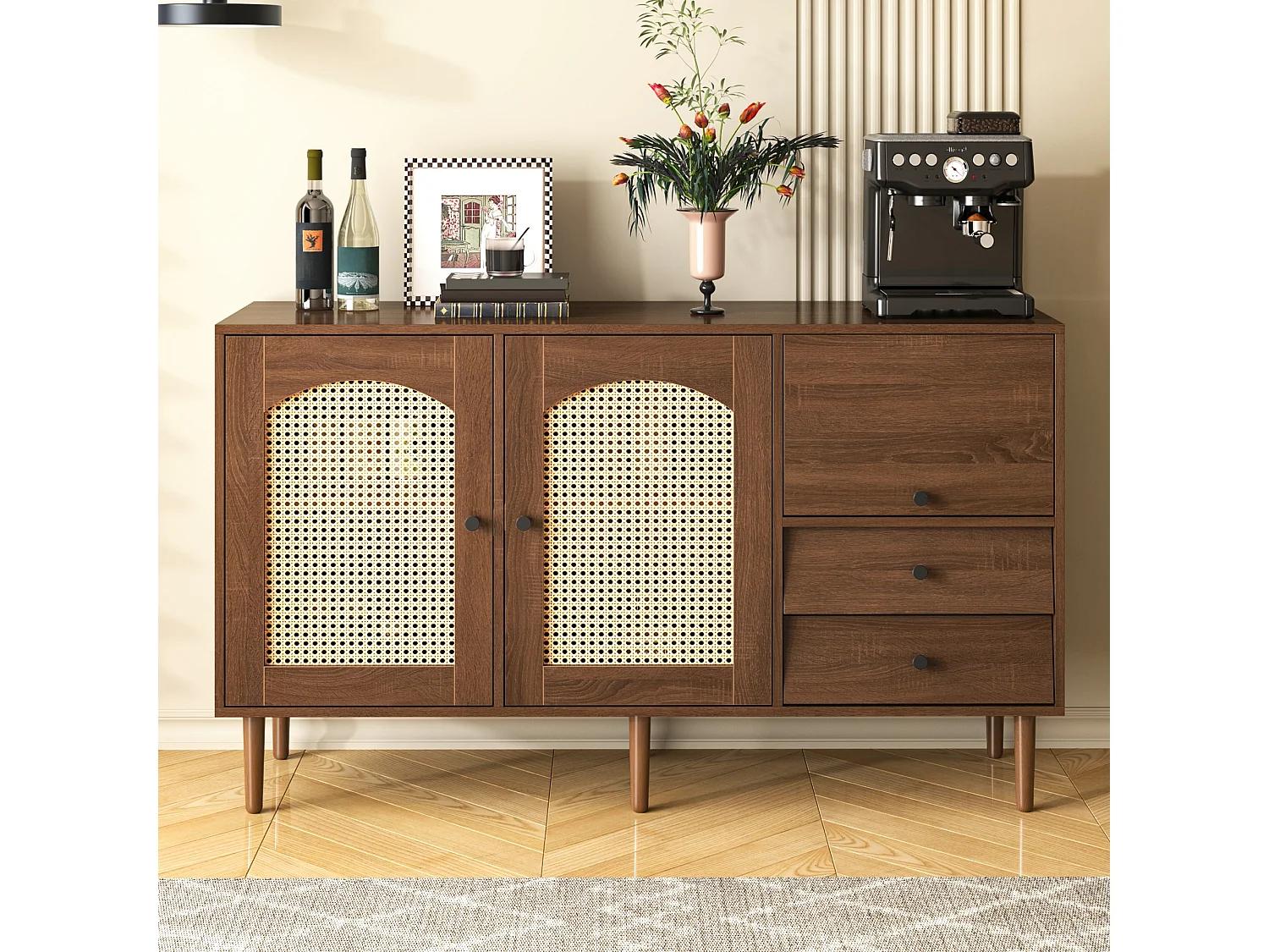 Buffet de style campagnard avec portes en rotin – 130 x 75,5 x 40 cm – fermeture magnétique, étagères réglables, structure robuste – design élégant et polyvalent