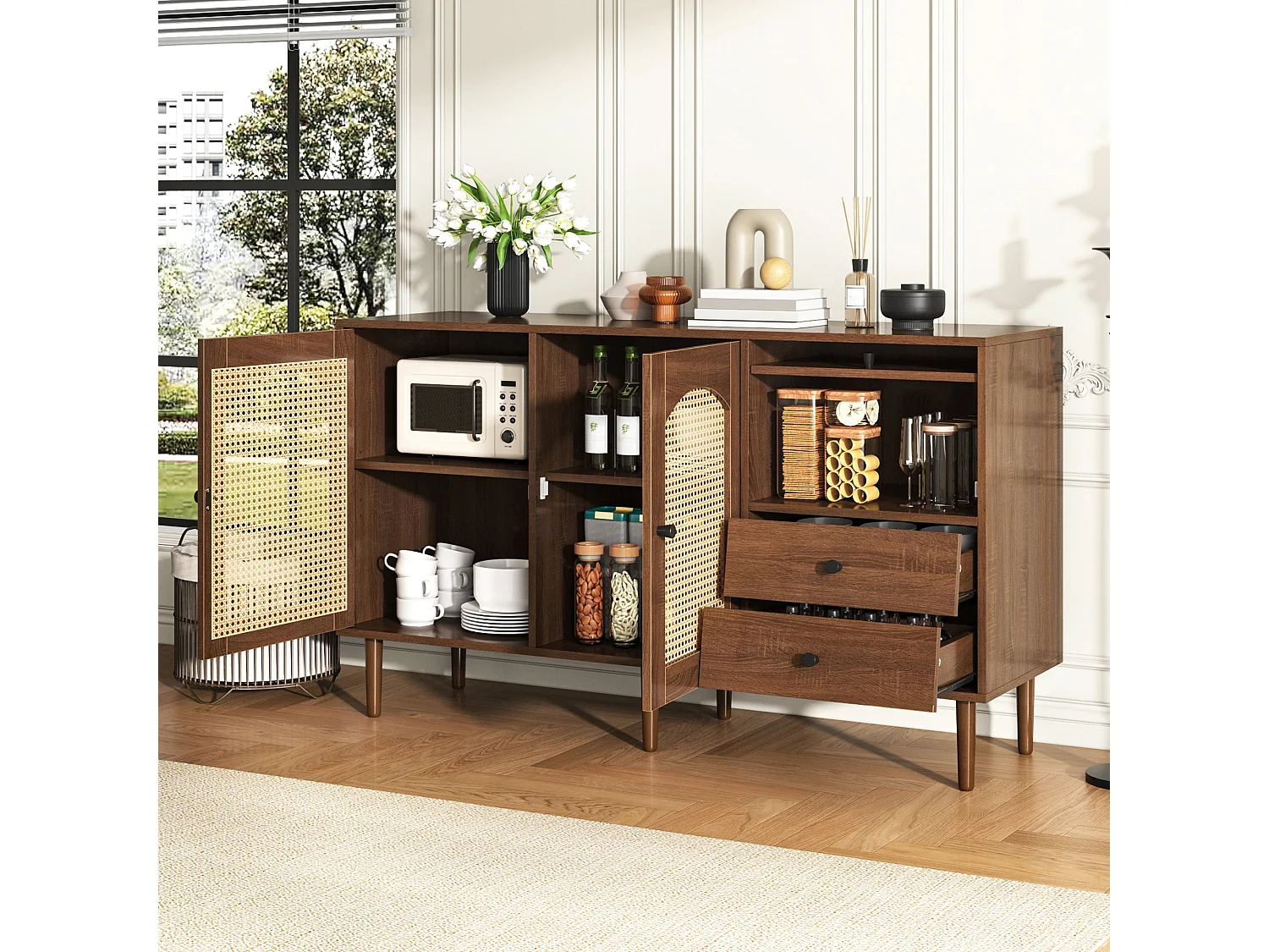 Buffet de style campagnard avec portes en rotin – 130 x 75,5 x 40 cm – fermeture magnétique, étagères réglables, structure robuste – design élégant et polyvalent