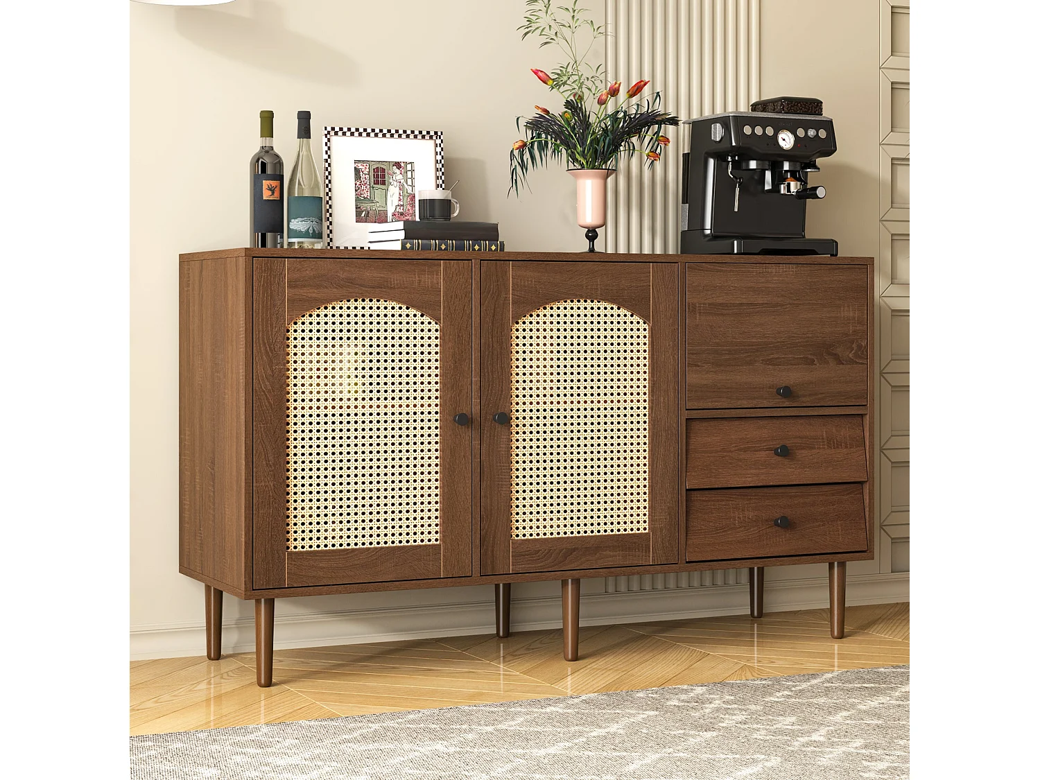 Buffet de style campagnard avec portes en rotin – 130 x 75,5 x 40 cm – fermeture magnétique, étagères réglables, structure robuste – design élégant et polyvalent