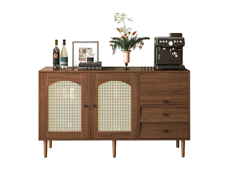 Buffet de style campagnard avec portes en rotin – 130 x 75,5 x 40 cm – fermeture magnétique, étagères réglables, structure robuste – design élégant et polyvalent