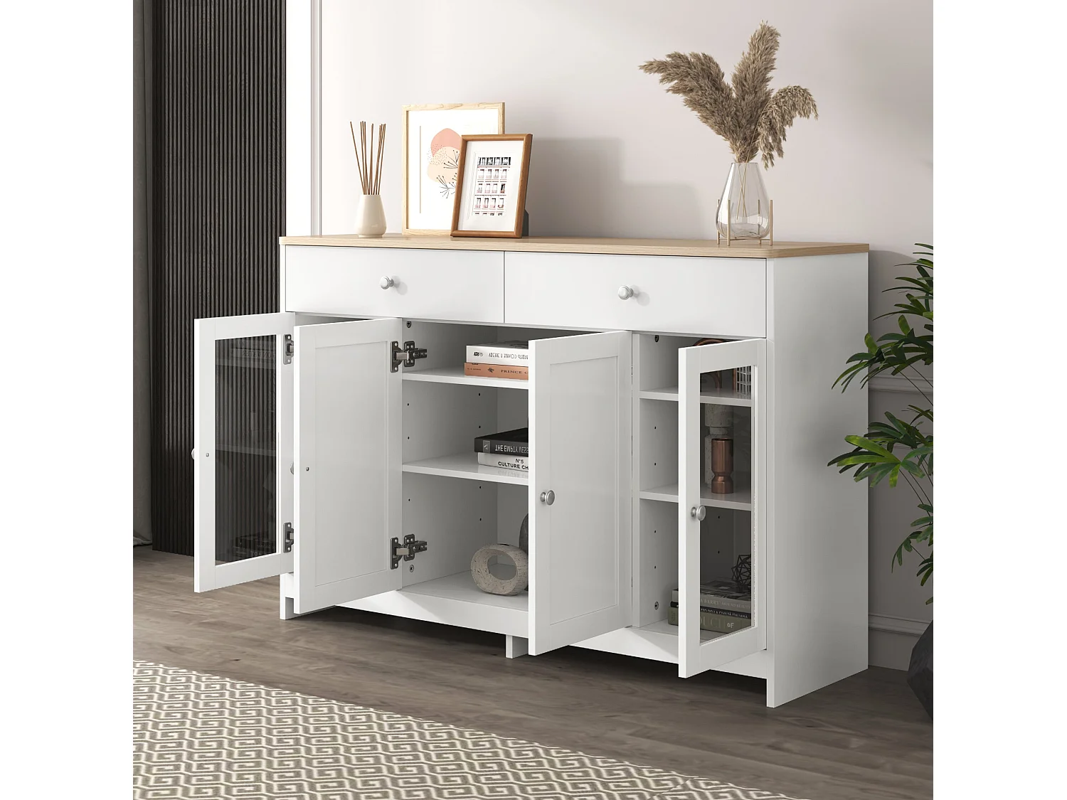 Buffet en bois blanc veiné, quatre portes, deux tiroirs, une porte vitrée. Idéal pour le salon ou la salle à manger. Coloris bois et blanc.