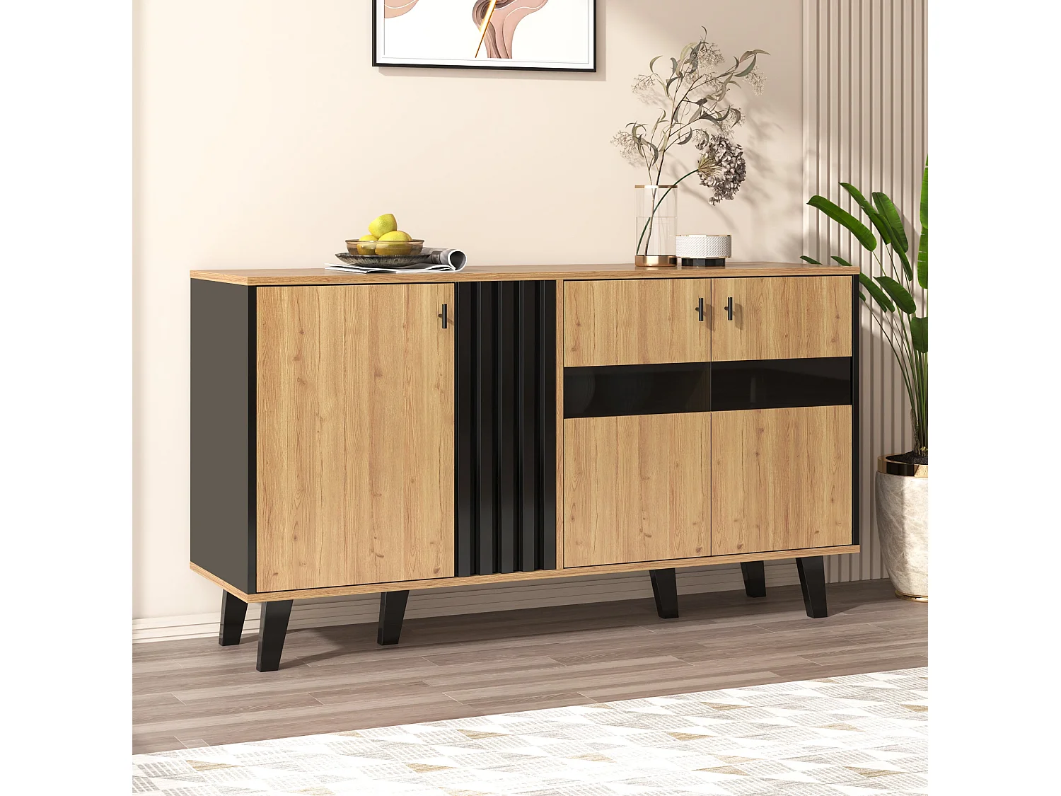 Buffet de 140 x 78,5 x 41 cm, buffet design assorti en bois et noir avec espace de rangement, placard avec éclairage LED et vitre, usage polyvalent