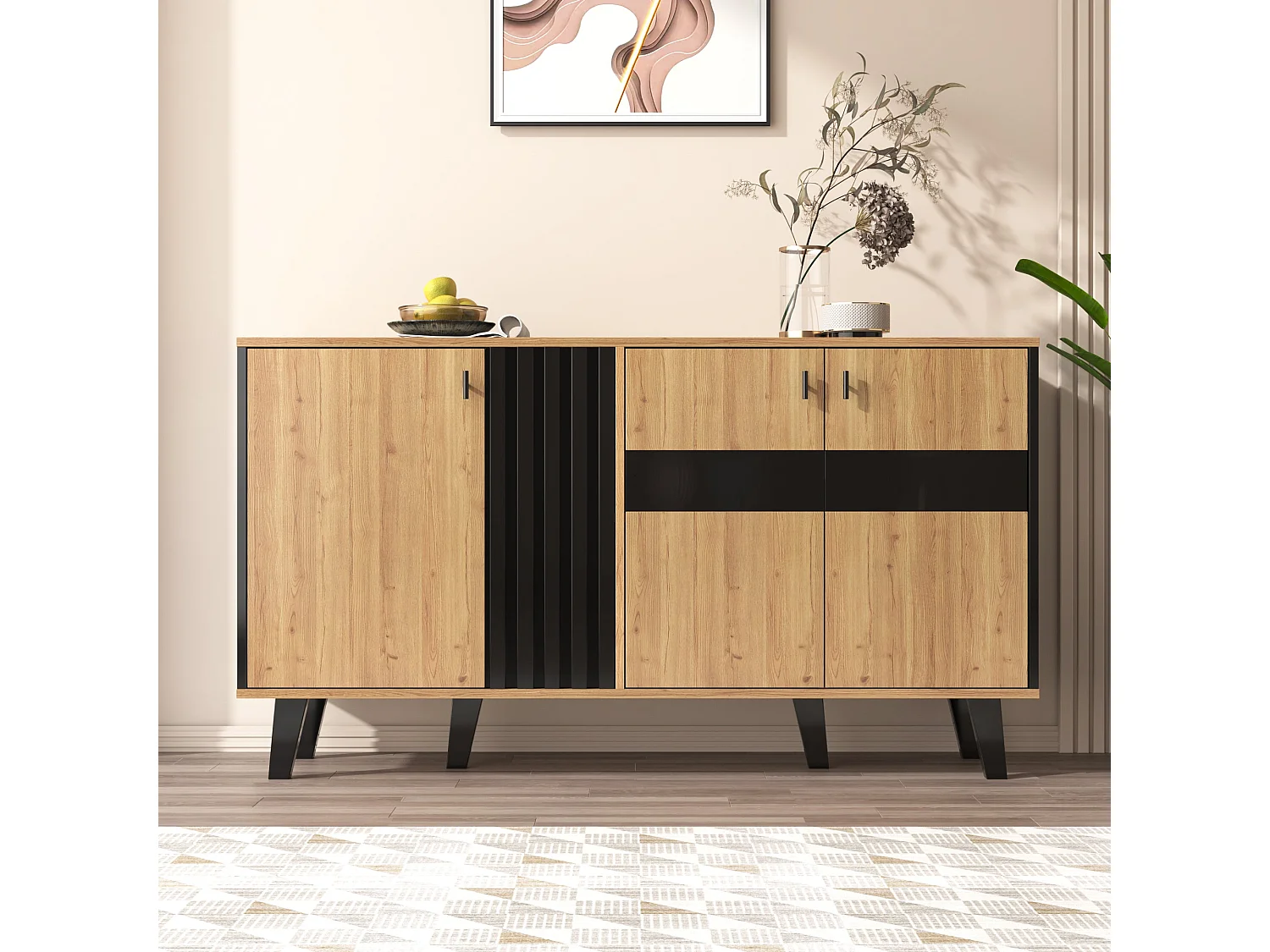 Buffet de 140 x 78,5 x 41 cm, buffet design assorti en bois et noir avec espace de rangement, placard avec éclairage LED et vitre, usage polyvalent