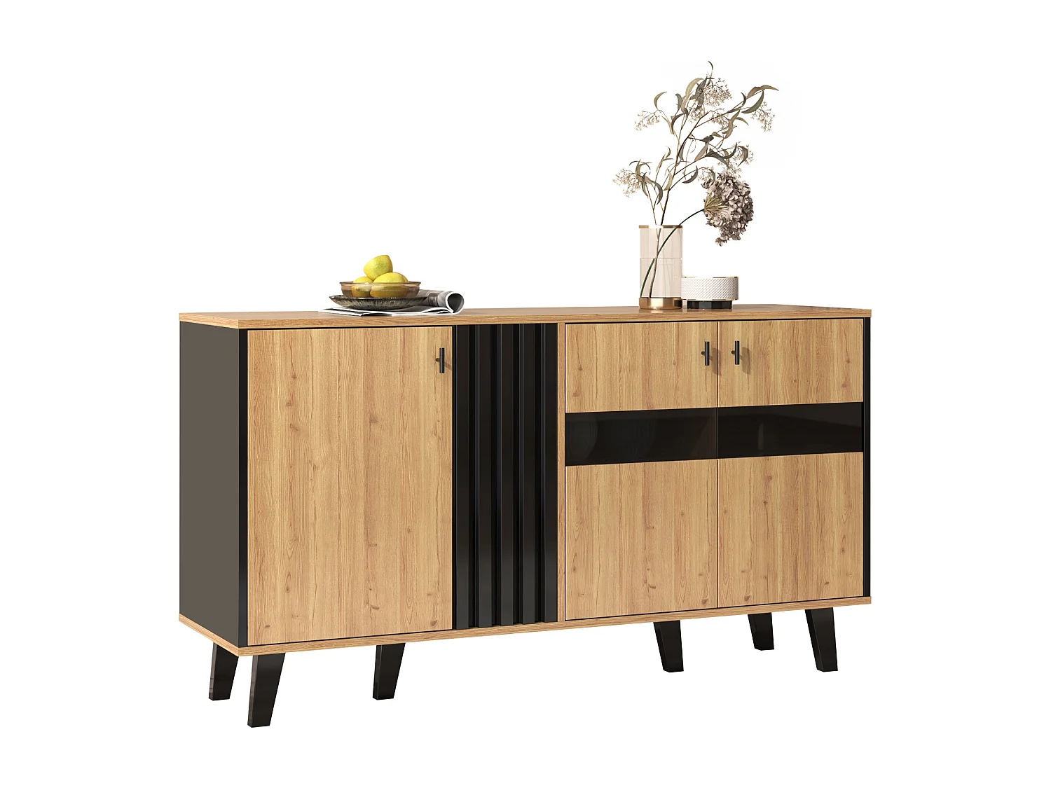 Buffet de 140 x 78,5 x 41 cm, buffet design assorti en bois et noir avec espace de rangement, placard avec éclairage LED et vitre, usage polyvalent