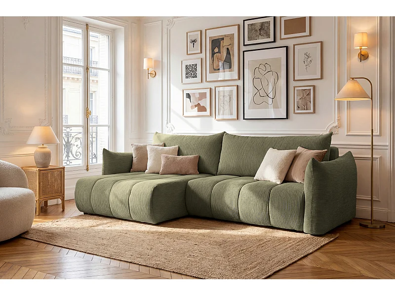 Narożnik Flo, z funkcją spania, do salonu, tkanina Poso, jasnozielony (46)