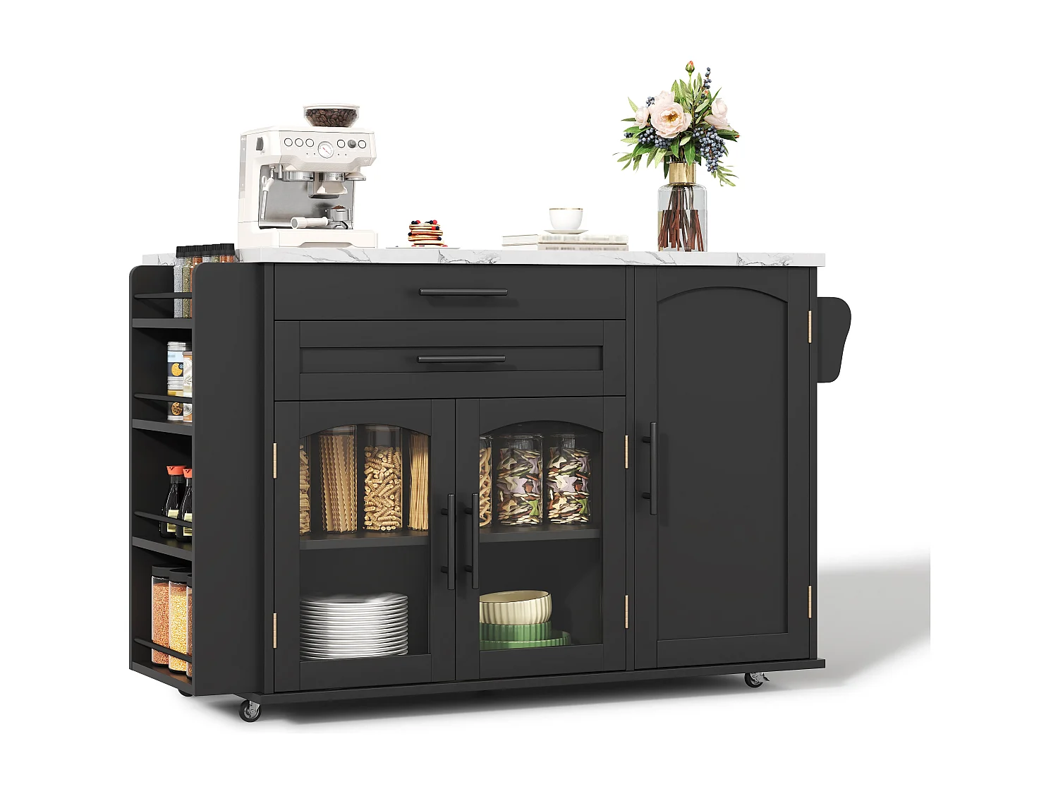 Îlot de cuisine mobile avec plan de travail pliable, chariot de cuisine, multiples rangements