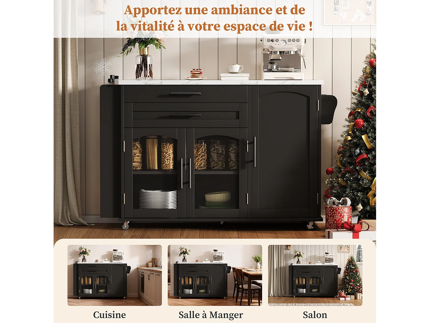 Îlot de cuisine mobile avec plan de travail pliable, chariot de cuisine, multiples rangements