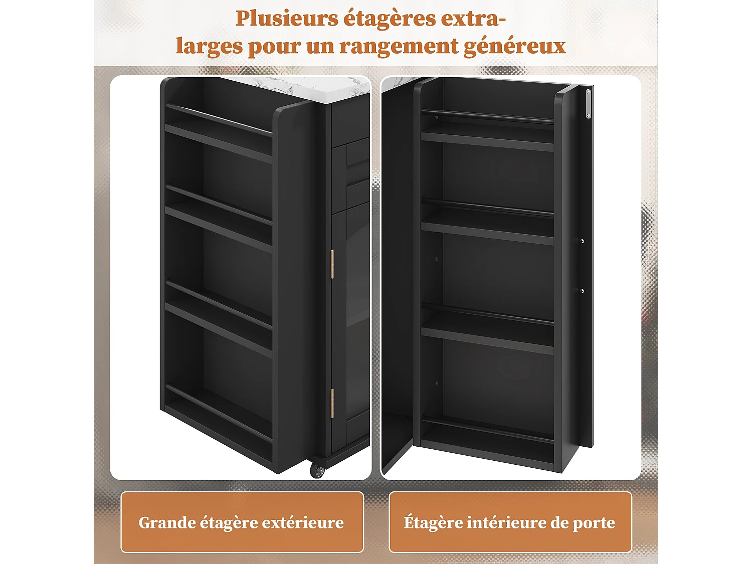 Îlot de cuisine mobile avec plan de travail pliable, chariot de cuisine, multiples rangements