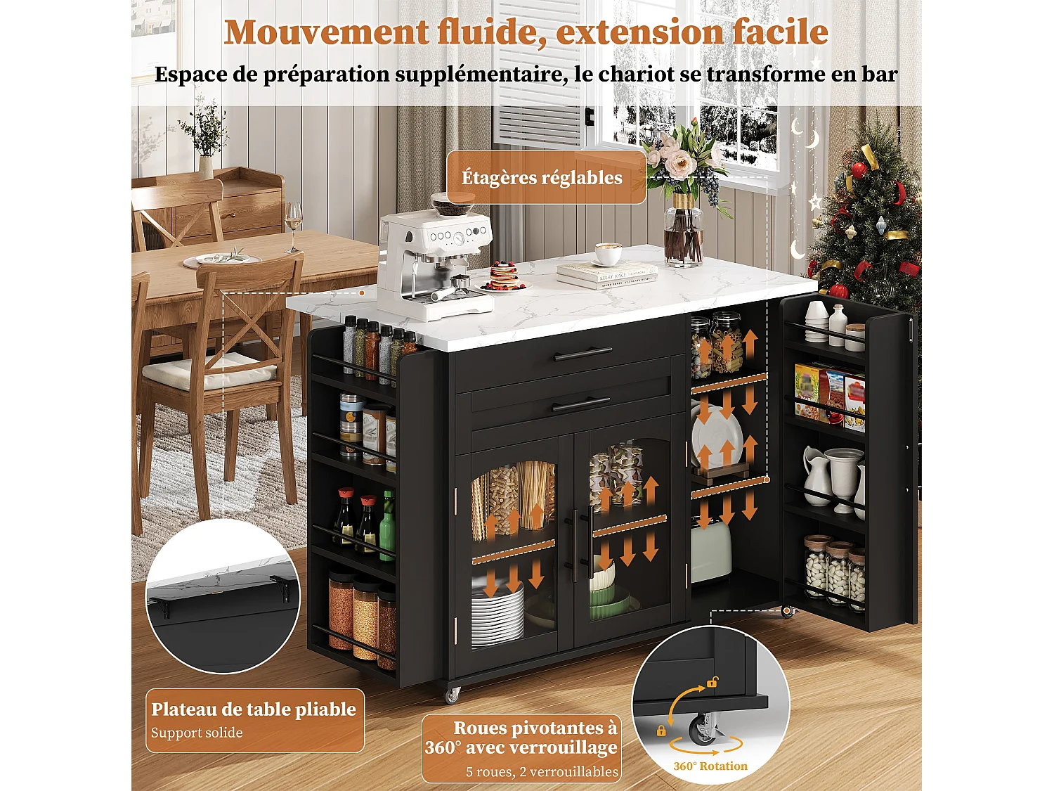 Îlot de cuisine mobile avec plan de travail pliable, chariot de cuisine, multiples rangements