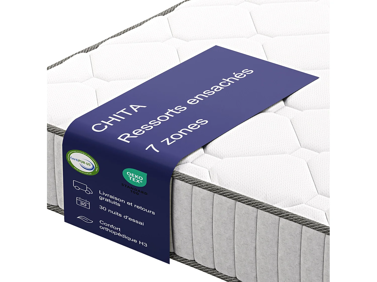 Matelas 120x200cm Ressorts ensachés soutien Medium épaisseur 20 cm